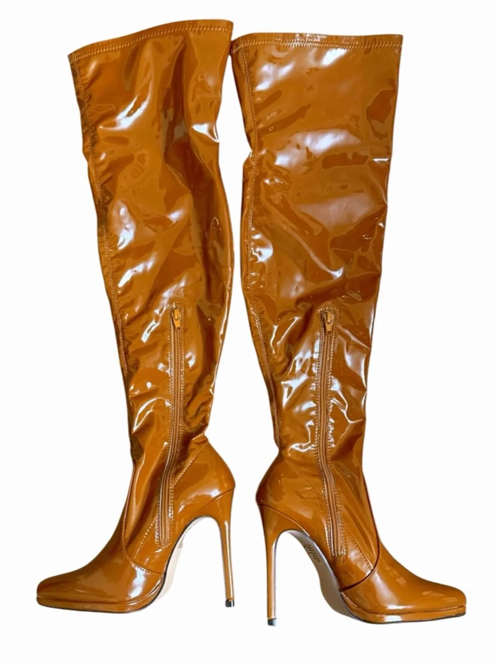 Shoe Dazzle Lekisha Tan /camel, Patent faux leather Thigh High Boots 6 NWOT